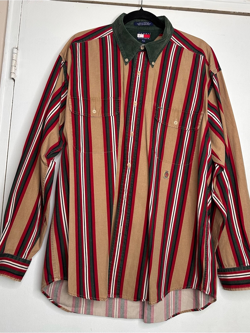 Vintage Tommy Hilfiger Red, Tan & Green Vertical Stripe Button-Down Shirt